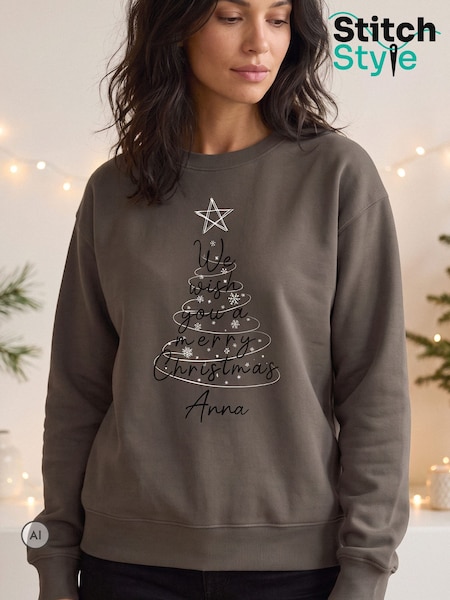 Brown - Regular Christmas Tree Sweatshirt By Stitch Style