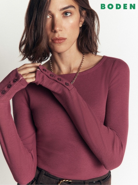 Purple - Boden Button Cuff Ribbed Boat Neck T-shirt