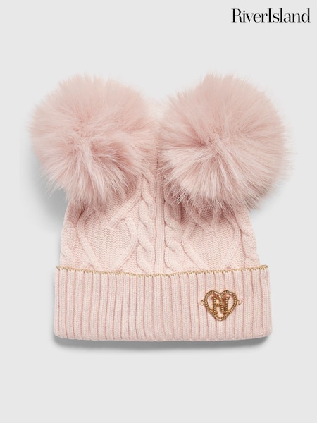 Pink - River Island Double Pom Bow Beanie