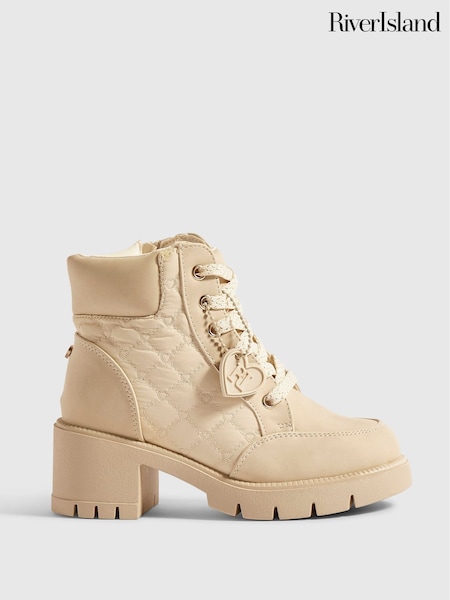 Cream - River Island Heeled Lace Up Hiker Boots