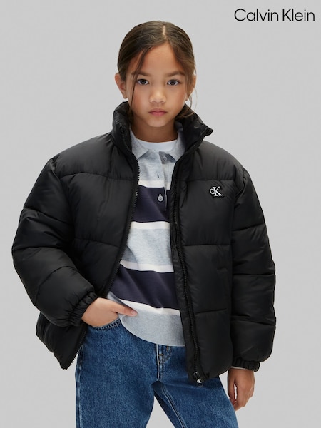 Blue - Calvin Klein Hooded Logo Puffer Coat