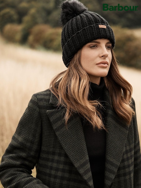 Barbour® Black Saltburn Cable Knit Pom Beanie Logo Hat (238016) | £30