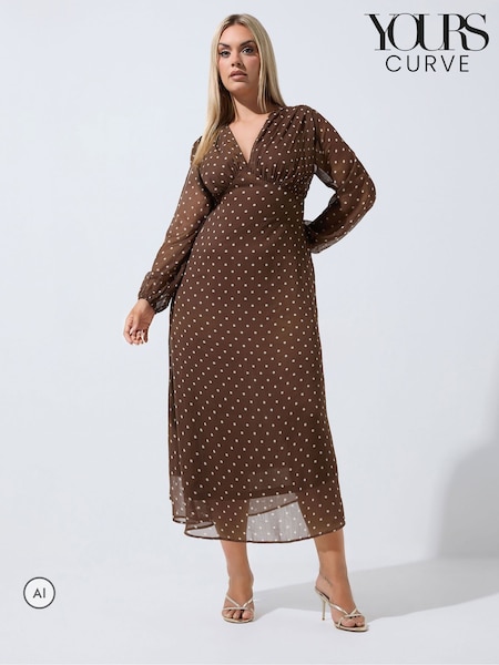Brown - Yours Curve Limited Polka Dot Tie Chiffon Dress