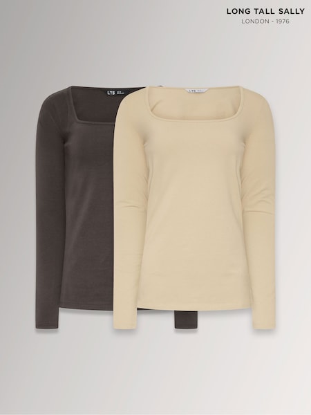 Brown/Beige - Long Tall Sally Square Neck Tops 2 Pack