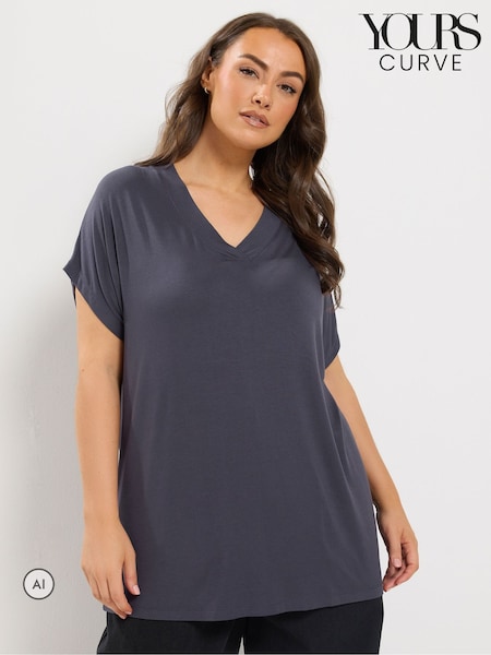 Blue - Yours Curve Basic Grown On Sleeve Top