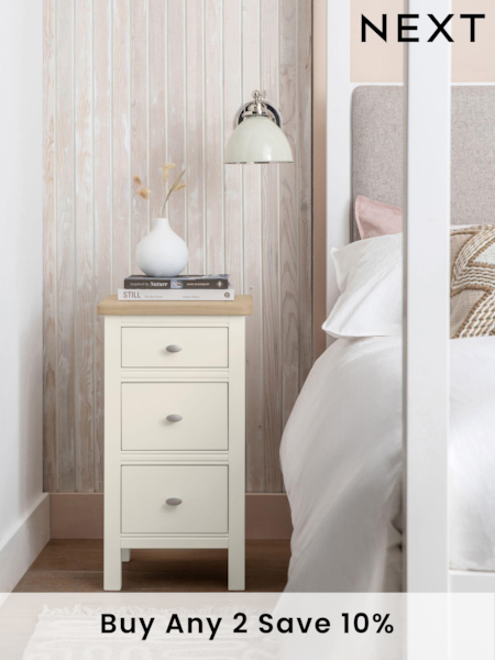 Chalk White Hampton Country Collection Luxe Painted Oak 3 Drawer Slim Bedside Table (242731) | £325