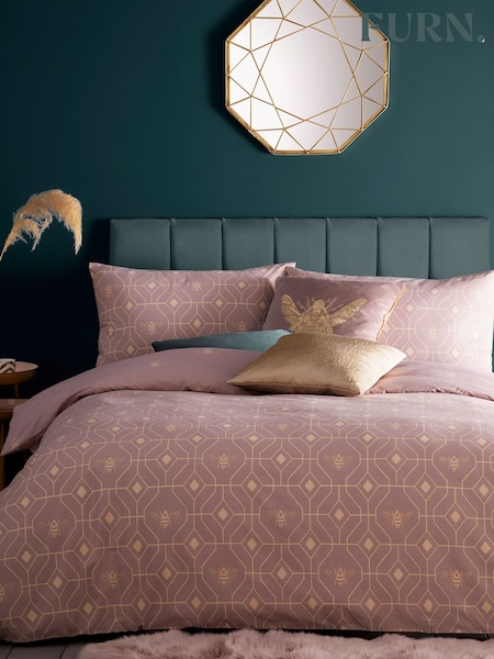 furn. Blush Pink Bee Deco Geometric Reversible Duvet Cover and Pillowcase Set (243187) | £16 - £32
