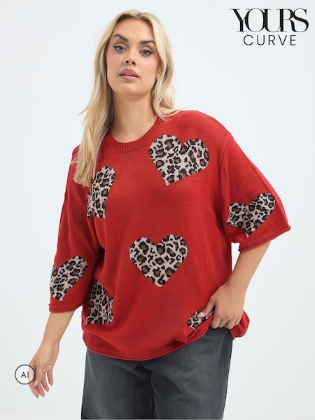 Red - Yours Curve Limited Heart Leopard Knitted Boxy Top