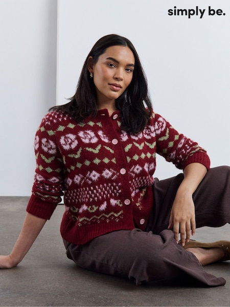 Brown - Simply Be Floral Fair Isle Crew Neck Cardigan