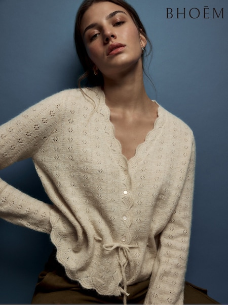 Beige - Pointelle Tie Waist Knitted Cardigan With Wool