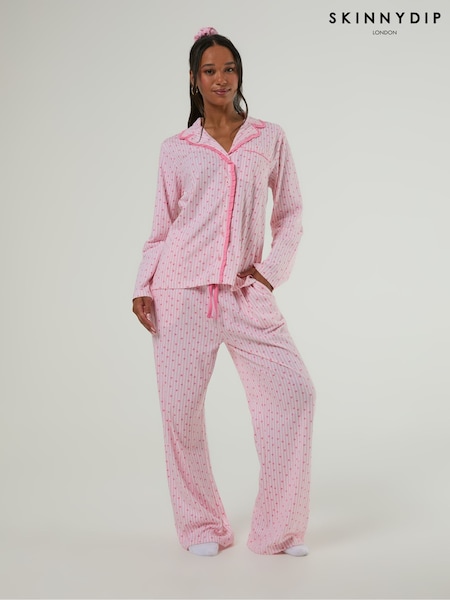 Pink - Skinnydip Heart Ditsy Frilly Pyjamas Set With Scrunchie