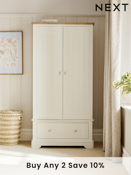 Chalk White Hampton Painted Oak Slim Double, 1 Drawer Wardrobe (246383) | £999