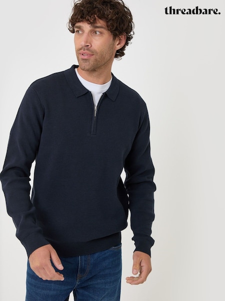 Navy Blue - Regular Threadbare Cotton Rich Quarter Zip Long Sleeve Polo Shirt