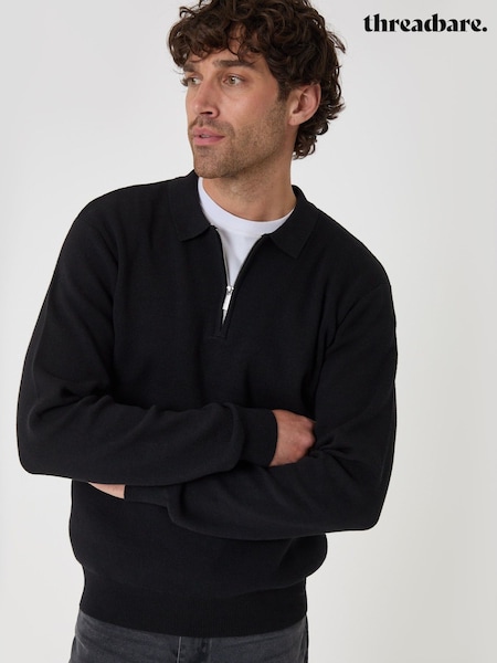 Black - Regular Threadbare Cotton Rich Quarter Zip Long Sleeve Polo Shirt