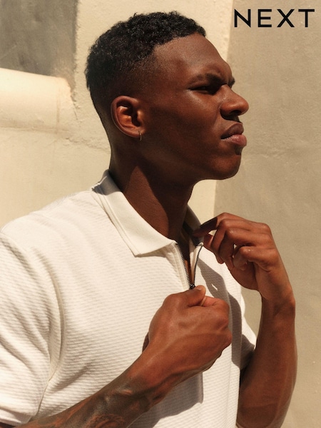 White Short Sleeve Textured Quarter Zip Polo Shirts (246622) | £24