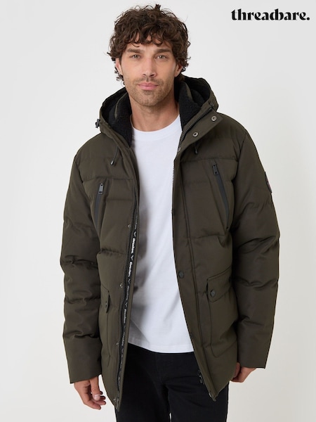 Green - Regular Threadbare Showerproof Hooded Puffer Coat With Borg Lined Hood