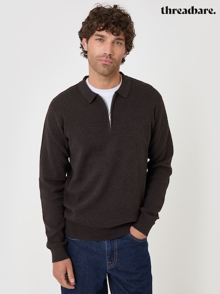 Brown - Regular Threadbare Cotton Rich Quarter Zip Long Sleeve Polo Shirt