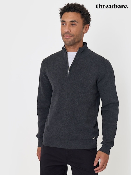 Dark Grey - Regular Threadbare Cotton Blend Knitted Quarter Zip Jumper