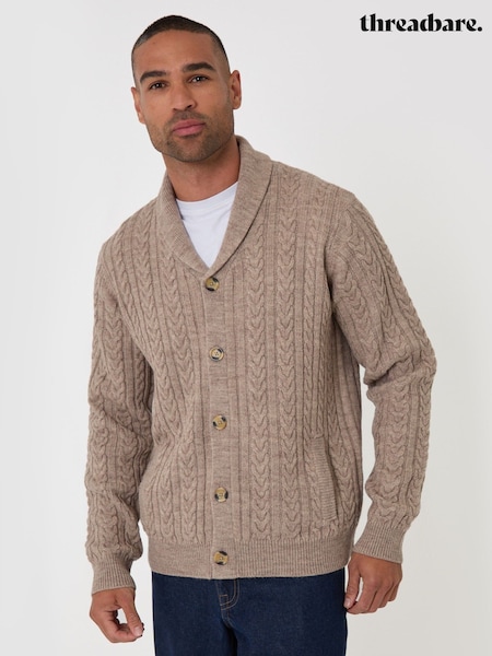 Natural - Regular Threadbare Cable Knit Shawl Cardigan
