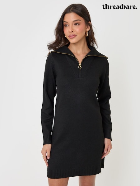 Black - Threadbare Quarter Zip Brushed Knit Mini Dress