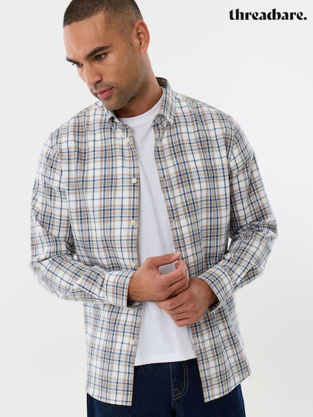 CREAM - Regular Threadbare Brushed Cotton Flannel Shirt