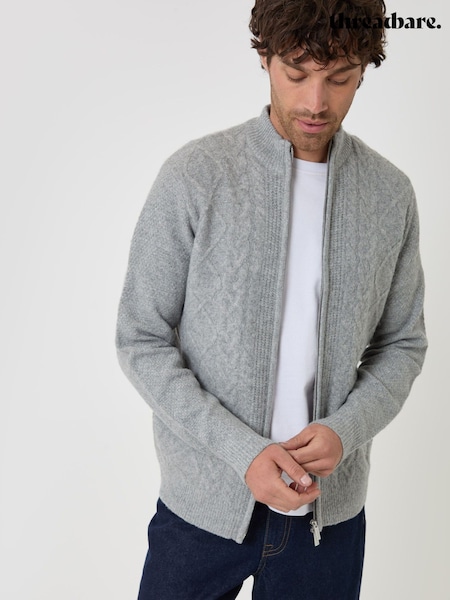 Grey - Regular Threadbare Cable Knit Zip Through Jumper