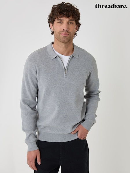 Grey - Regular Threadbare Cotton Rich Quarter Zip Long Sleeve Polo Shirt