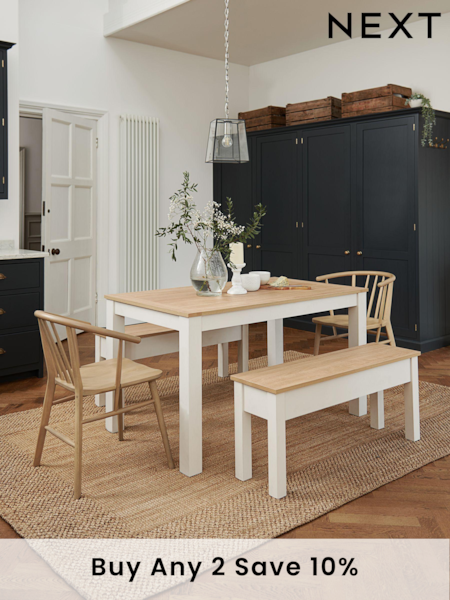 Classic Cream Malvern Oak Effect Dining Table and Bench Set (247874) | £475