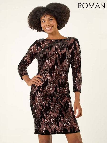 Brown - Roman Sequin Velvet Shift Stretch Dress
