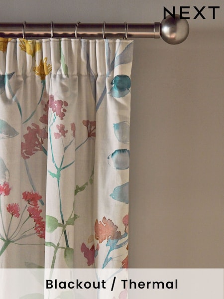 Pastel Multi Pink Isla Floral Print Pencil Pleat Blackout/Thermal 100% Cotton Curtains (250006) | £50 - £110