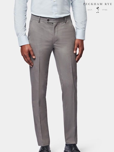 Peckham Rye Grey Regular Fit Classic Plain Front Cotton/Linen Blend Trousers (250861) | £90