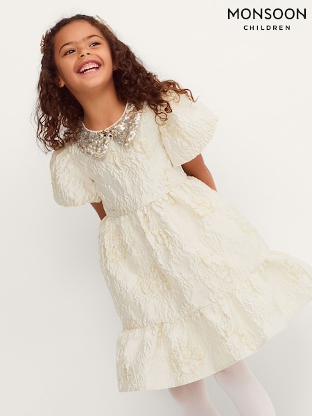 Gold - Monsoon Josephine Puff Sleeve Jacquard Party Dress