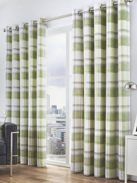 Fusion Green Balmoral Check 100% Cotton Eyelet Curtains (251331) | £22 - £65