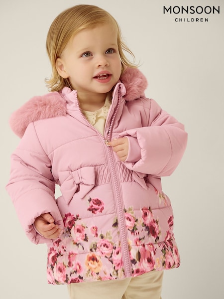 Pink - Monsoon Baby Blurred Floral Print Puffer Coat
