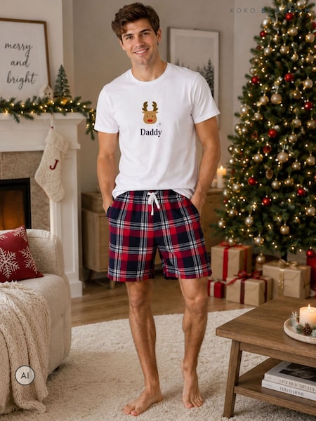 Red - Regular Personalised Reindeer Christmas Short Pyjamas By Koko Blossom