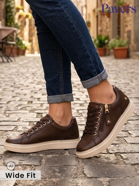 Chocolate Brown - Pavers Wide Fit Zip & Lace Trainers With Grip Sole