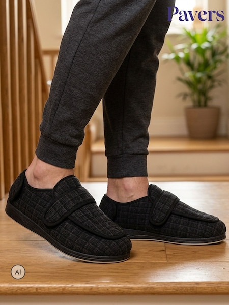 Black - Regular Pavers Wide Fit Dual Touch Fasten Slippers
