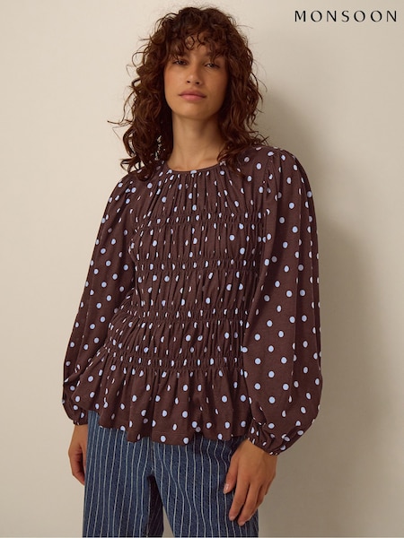 Brown - Monsoon Shae Smocked Polka Dot Jersey Top