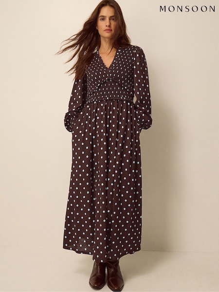Brown - Monsoon Shae Polka Dot Jersey Midi Dress