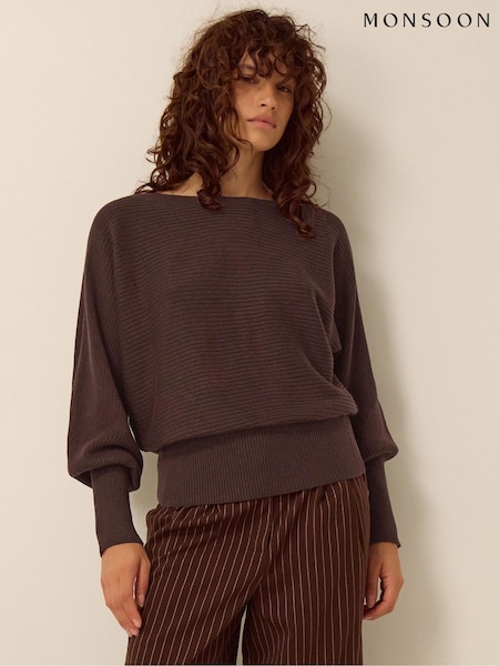 Brown - Monsoon Remi Ribbed Boat Neck Jumper