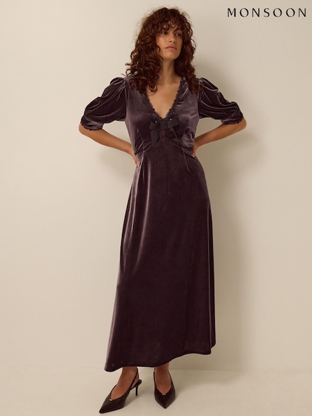 Brown - Monsoon Vera V-neck Velvet Midi Dress