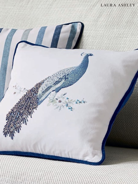 Laura Ashley Midnight Blue Square Peacock 100% Cotton Cushion (253945) | £52