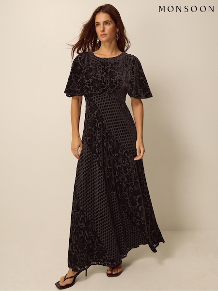 Brown - Monsoon Adeline Devoré Polka Dot Maxi Dress