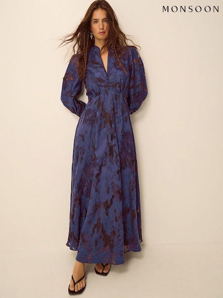 Blue - Monsoon Glen Floral Jacquard Midi Dress