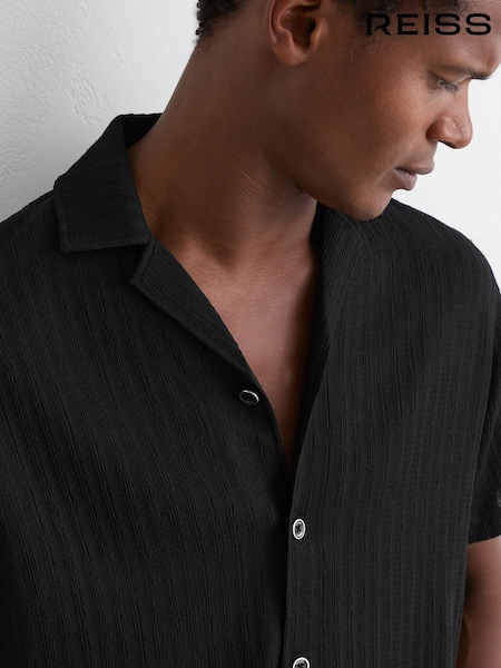 Black - Regular Reiss Griff Textured Stripe Cuban-collar Shirt