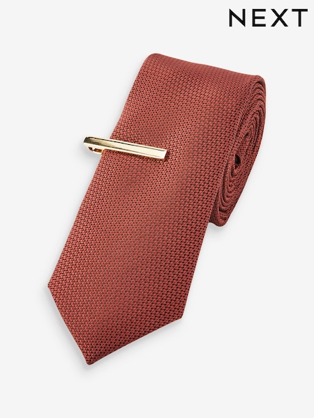Rust Brown Slim Textured Tie And Clip Set (256871) | £14