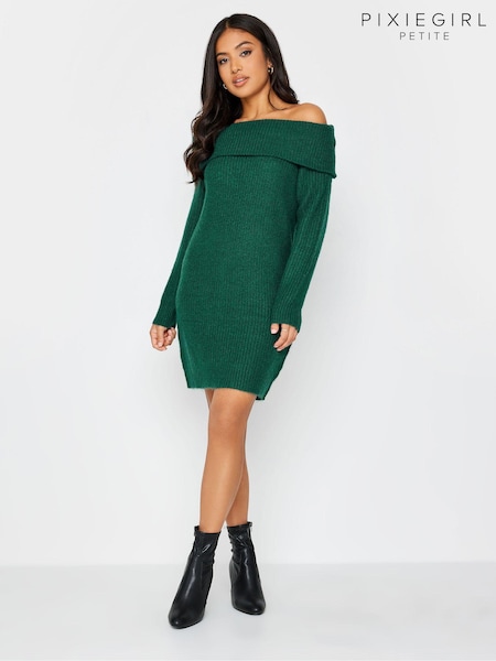 PixieGirl Petite Green Bardot Tunic Jumper Dress (258967) | £37