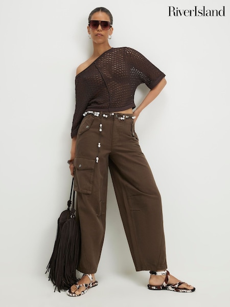 Brown - River Island Mid Rise Barrel Leg Cargo Trousers