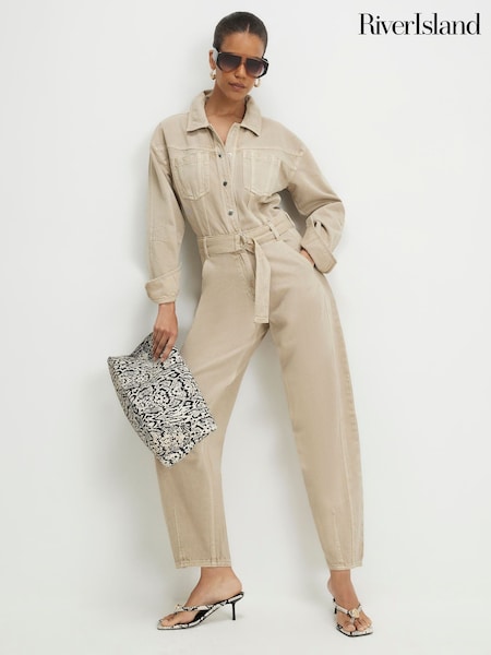 Brown - River Island Long Sleeve Belted Barrel Leg Jumpsuit