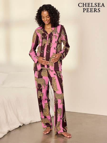 Brown - Chelsea Peers Maternity Cotton Leopard Stripe Print Long Pyjamas Set